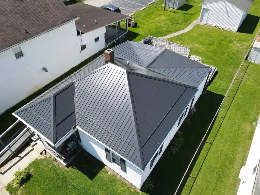 top view of grey metal roof installed by roof x construction