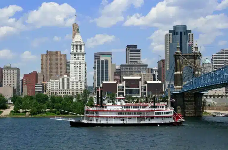 view of city and steamboat in Cincinnati
