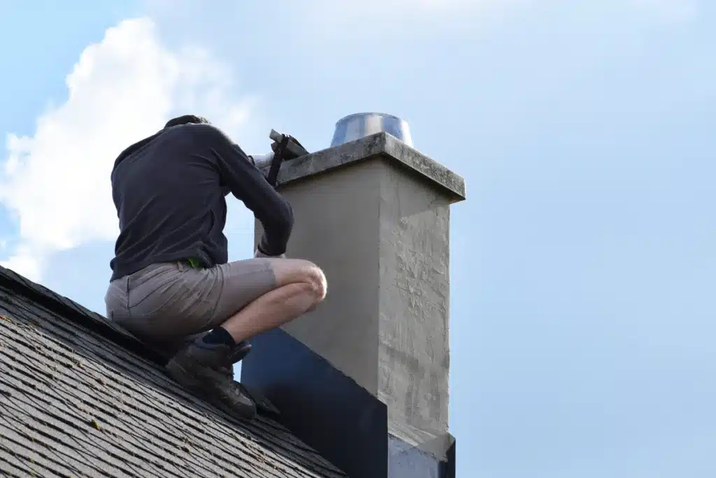 Roofing contractor performs roof flashing repair services around chimney