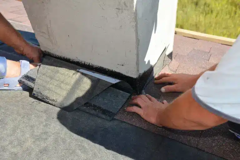 Contractors cut shingles to install flashing around chimney