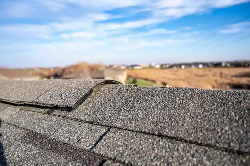 Close up view of asphalt composite roof shingles