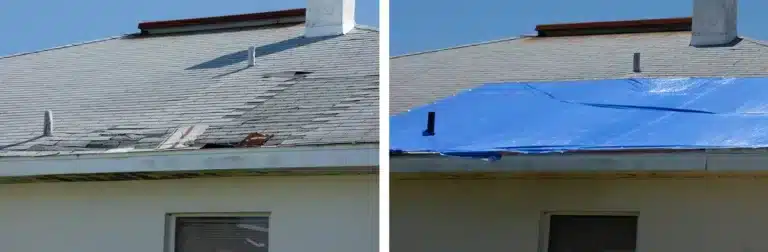 Side-by-side images of a house roof: the left side shows damaged, missing shingles, while the right side displays a roof repair with the damage covered by a blue tarp.