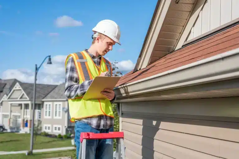 A construction worker wearing a hard hat and safety vest stands on a ladder, inspecting a house roof for roof repair and taking notes on a clipboard in a suburban neighborhood.