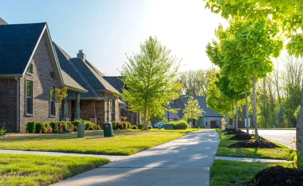 Beautiful brick homes in Ohio neighborhood with Owens Corning Shingles installed on roofs